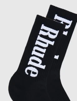 Rhude Vertical Logo Socks - Black Ribbed Cotton Blend 6 Rhude Vertical Logo Socks - Black Ribbed Cotton Blend -A Ma Maniéré Clothing Shop RHPF25SO01750 BLK 2